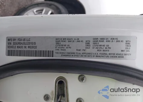 2020 Ram 2500 Tradesman 4X4 8' Box z USA, uszkodzony, nr VIN 3C6UR5HJ5LG201515